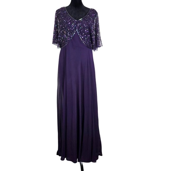 Jkara Womens Size 8 V-Neck Kimono Sleeve Empire Waist Beaded Long Evening Dress - Picture 2 of 11